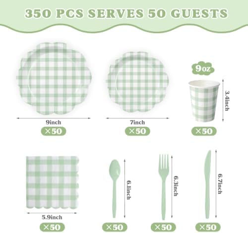 350 PCS Sage Green Gingham Disposable Dinnerware Set, Decagonal Paper Plates 7 & 9 Inch, Napkins, Cups & Cutlery, Checkered Party Supplies for Easter Baby Shower Wedding Picnic - Image 3