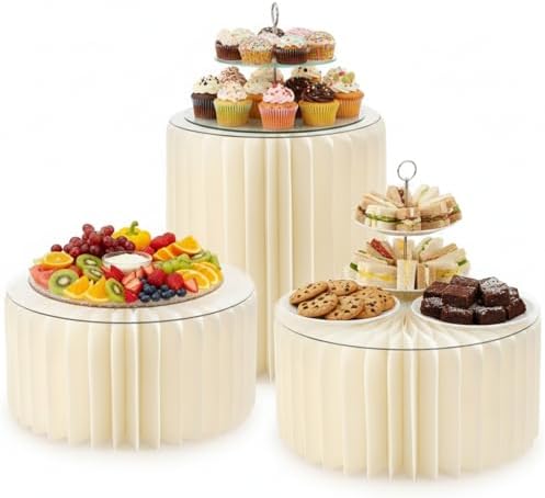 Buffet Risers for Party, Shape&Use 3PCS Round Cream White Cake Stands, Foldable Pedestal Dessert Table Risers for Wedding, Birthday, Anniversary Decor, 15.7in Dia. (15.7in H ×1 / 7.9in H ×2) with Storage Bag by Unknown