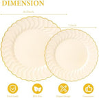 Lullaby 60PCS Light Yellow Scalloped Plastic Plates with Gold Rim for Party - Image 2