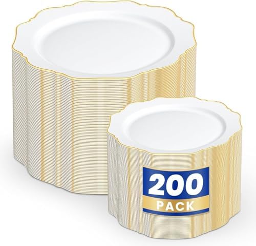WDF 200PCS White and Gold Plastic Plates - Gold Plastic Plates - Include 100 Dinner & 100 Dessert Disposable Party Plate - Fancy Disposable Plate for Wedding/Baby Shower by WDF