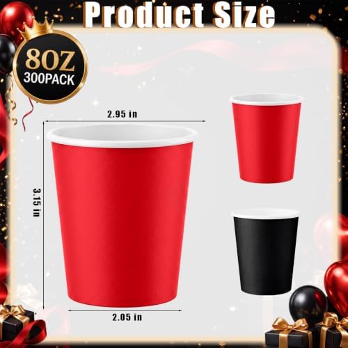 Mimorou 300 Pcs 8 oz Disposable Paper Cups Holiday Party, Black, Red - Image 4
