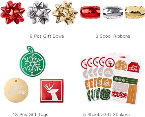 WRAPAHOLIC Christmas Wrapping Paper Set - Red Green Gold and Silver Snowflakes Trees with Metallic Foil Shine Wrapping Paper Bundle with Gift Bow & Ribbon & Tag & Sticker - Image 6