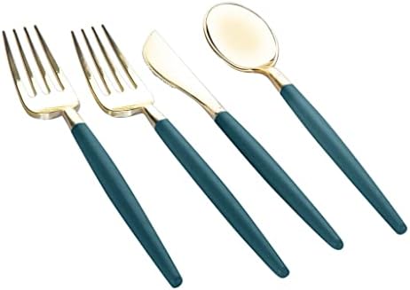 Luxe Party 128 Pieces Two Tone Plastic Disposable Cutlery | Forks-Spoons-Knives | Full Size | Chic Round | Teal and Gold - Image 2