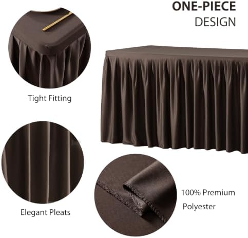Chocolate Brown Tablecloth Rectangle Tables 8FT, Polyester Wrinkle Free Stretch Table Cloth 6ft Fitted Table Cover with Pleated Ruffle Skirt for Weddings Birthday Banquet Baby Shower - Image 2