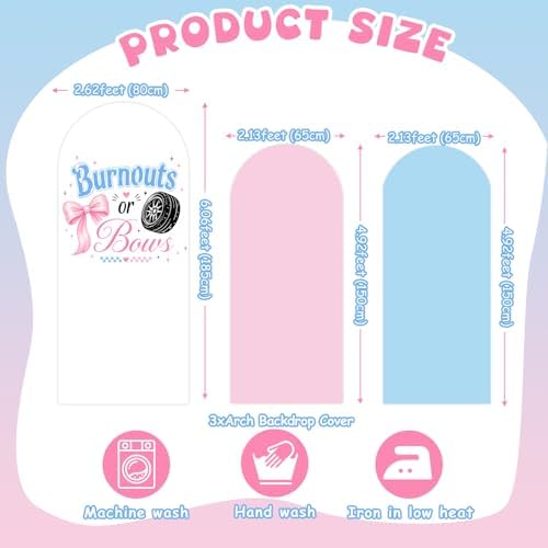3PCS Burnouts or Bows Gender Reveal Decorations Arch Backdrop Cover 5ft 6ft Stretch Spandex Pink Blue Burnouts or Bows Backdrop for He or She Gender Reveal Baby Shower Party Supplies Photo Props - Image 2