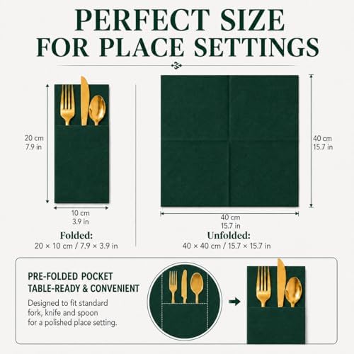 100Pcs Green Napkins Disposable Linen Feel Dinner Paper Napkins with Built-in Flatware Pocket, 16in x 16in Airlaid Paper Pre-Folded Napkin for Silverware Baby Shower Easter Wedding Birthday Party - Image 4