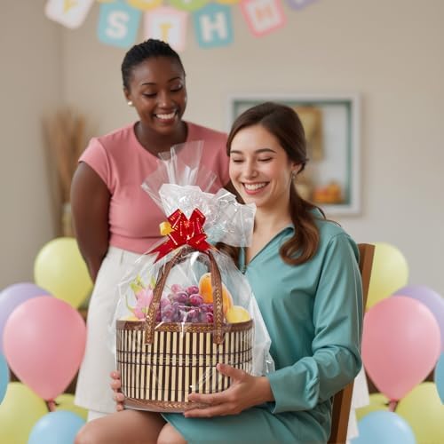 3-Pack Woven Bamboo Gift Baskets with Handles - Baby Shower & Birthday Party Storage - Empty Baskets with 3 Cellophane Bags & Gift Cards (Brown, 9.8×9.8×5.9 IN) - Image 6