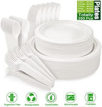 Unves 250 Pcs Compostable Paper Plates Set with Extra Long Utensils, White - Image 2