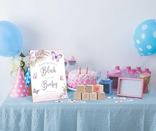 Purple Butterfly Baby Shower Decorate a Block Game Set 79 Pieces,Baby Shower Blocks for Gender Reveal Games, Includes 54 Blank Baby Building Blocks, 24 Watercolor Markers, 1 Baby Shower Game Sign,4 - Image 4