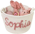 Personalized Cute Small Woven Basket with Handles, Custom Cotton Rope Room Shelf Storage Basket, Empty Decorative Gift Basket, Decorative Round Bin for Nursery Bedroom Bathroom (Style E) by Handmade