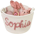 Personalized Cute Small Woven Basket with Handles, Custom Cotton Rope Room Shelf Storage Basket, Empty Decorative Gift Basket, Decorative Round Bin for Nursery Bedroom Bathroom (Style E) by Handmade