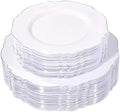 WDF 100pcs Silver Plastic Plates - High-end Baroque Design - Heavy Duty White &Silver Plates for Christmas Upscale Parties &Wedding by WDF