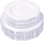 WDF 100pcs Silver Plastic Plates - High-end Baroque Design - Heavy Duty White &Silver Plates for Christmas Upscale Parties &Wedding by WDF