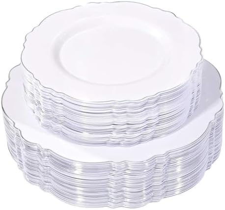 WDF 100pcs Silver Plastic Plates - High-end Baroque Design - Heavy Duty White &Silver Plates for Christmas Upscale Parties &Wedding by WDF