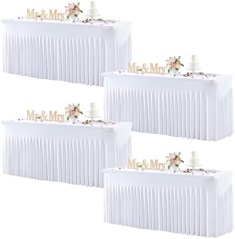 White Table Cloth for 8 Foot Rectangle Tables Fitted Stretch Spandex Table Cover with Skirt 8ft Baby Shower Birthday Party Banquet Ruffle Tablecloth Wedding Table Cloths Desk Skirt, 4 Pack by LittleFunny