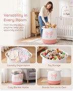 Large Cotton Rope Storage Basket with Pink Bow (17.7"x15.7", 55L), Collapsible Laundry Hamper for Baby Girl Nursery, Woven Toy Organizer with Handles, Blanket Basket for Bedroom, Bathroom, Playroom - Image 4