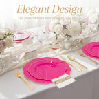 NOCCUR 175PCS Hot Pink Plastic Plates with Gold Disposable Silverware - Include 50 Hot Pink Plates,25 Knives,25 Forks,25 Spoons,25 Cups and 25 Napkins - Ideal for Party/Wedding/Banquet - Image 4