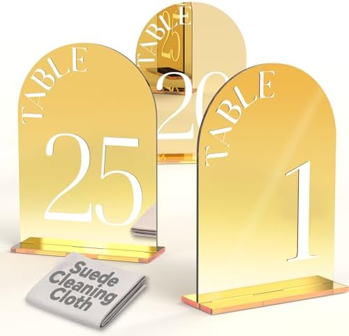 Mirror Arched Wedding Table Numbers 1-25 with Stands, 5"x7" Double-sided Letter, Acrylic Wedding Signs Centerpiece Decoration for Wedding Reception Party (Gold, Table Numbers 1-25) by Framokoko