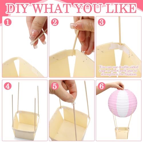 Rossesay 12 Sets Hot Air Balloon Decorations DIY Paper Lanterns Baby Shower Table Centerpieces Wooden Basket with Sticks for Gender Reveal, First Birthday Party, Wedding, Graduation(Pink) - Image 3