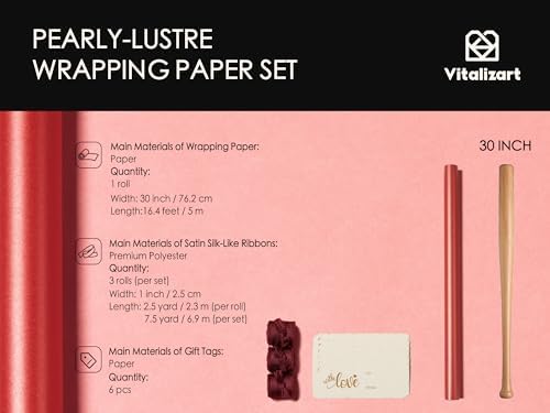 Vitalizart Red Wrapping Paper Set 30" Pearly-Lustre Ribbons & Gift Tags - Image 2