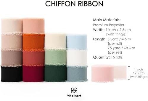 Vitalizart 1" x 75 Yd Chiffon Silk Ribbon Mixed Color Ribbons Set 15 Rolls - Image 2