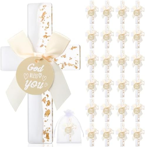 Ripeng 24 Sets Baptism Favors for Guests Bulk First Communion Favors Cross Fridge Magnets Gold Foil Cross with Bow God Bless You Tag Bags Mi Bautizo Recuerdos for Birthday Wedding Church(White) by Ripeng