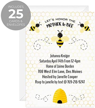 Canopy Street Mother To Bee Personalized Baby Shower Invites / 25 Flat DIY Mother To Be Invite Cards With White Envelopes / 5" x 7" Honeybee Custom Gender Reveal Party Invitations - Image 2