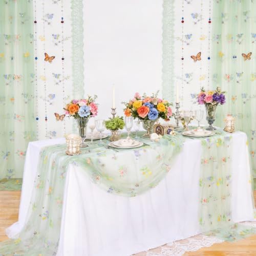 Floral Gauze Table Runner Green 10ft Embroidery Tulle Spring Wildflower - Image 3