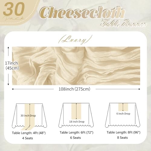 30 Pack Ivory Cheesecloth Table Runner 17 x 108 inch Cheese Cloth Table Runners 9ft Ivory Table Runner Rustic Romantic Sheer Gauze Runner for Wedding Party Baby Shower Table Decoration - Image 2