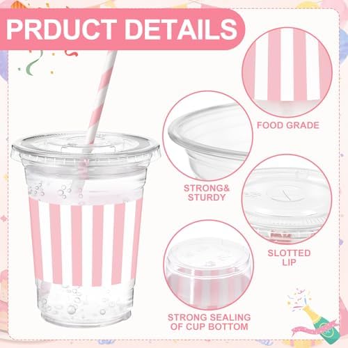 Sliner 50 Sets Pink White Striped Plastic Cups 16oz - Image 2