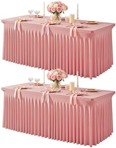 2 Packs Dusty Rose Spandex Tableclothes for 8 Foot Rectangle Tables, Wrinkle Free 8ft Fitted Table Cover Stretch Table Cloth Desk Skirt for Weddings Baby Shower Birthday Party Banquet Decorations by PartyTalk