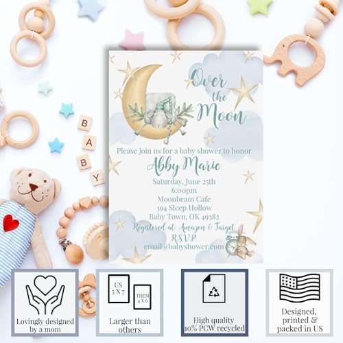 Custom Baby Shower Invites Over the Moon Invitations for Boys, Pack of 30 5x7 Personalized Sleepy Cloud & Stars Invites with Thirty Envelopes - Unique Watercolor Baby Shower Cards by AmandaCreation - Image 4