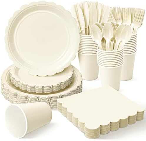 Vyntra 350 Pcs Ivory Cream Paper Plates and Napkins Party Supplies by PartyTablewareSupplies
