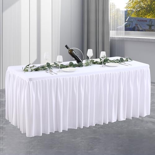 White Tablecloth Rectangle Tables 6FT, Polyester Wrinkle Free Stretch Table Cloth 6ft Fitted Table Cover with Pleated Ruffle Skirt for Weddings Birthday Banquet Baby Shower by PartyTalk