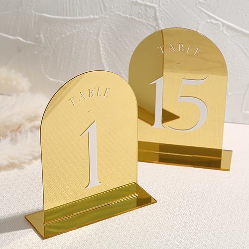 UNIQOOO Gold Mirror Arch Wedding Table Numbers with Stands 1-15, 5x7 Acrylic Display Signs and Holders, Pack of 15, Perfect for Centerpiece, Reception, Decoration, Party, Anniversary, Event - Image 6