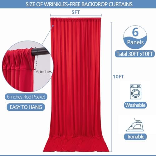 30x10ft Wrinkle Free Red Backdrop Curtain for Parties Soft Fabric Drapes Wedding Red Curtain Backdrop for Birthday Party Decorations Background for Photography 5x10ft, 6 Panels - Image 2