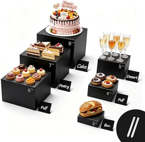 6PCS Buffet Risers,Food Display Stands with Mini Sign and Marker,for Buffet Table,Black Acrylic Cube Boxes Nesting Risers,Hollow Bottoms,for Cake Catering Dessert Party(8",7",6",5",4",3") by Unknown