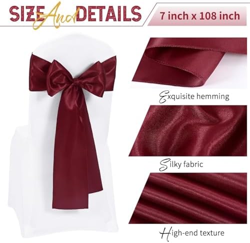 120 PCS Burgundy Satin Chair Sashes, 7 x 108 Inch - Image 3