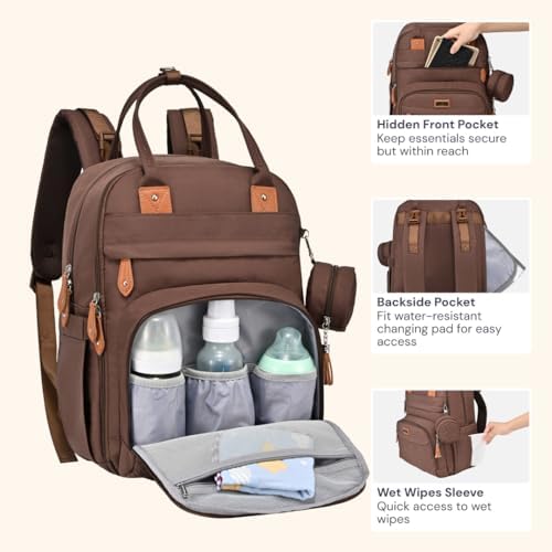 BabbleRoo Diaper Bag Backpack - Baby Essentials Travel Tote - Multi Function Water Resistant Diaper Bag, Travel Essentials Baby Bag with Changing Pad, Stroller Straps & Pacifier Case - Unisex, Brown - Image 5