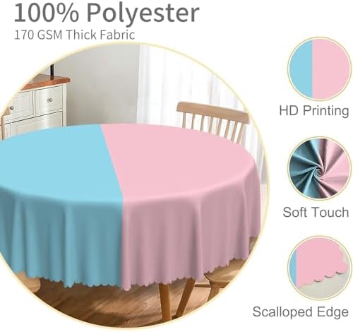 Gender Reveal Round Tablecloth 70 Inch Pink and Blue Patchwork Circular Table Cloth Washable and Reusable Fabric Table Cover for Dinner Boy or Girl Baby Shower Party Decor Supplies - Image 3