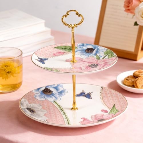 KAMMAK 2-Tier Porcelain Cupcake Stand Serving Tray, Dessert Plates Cake Fruit Candy Display Tower, Reusable Pastry Platter for Wedding Birthday Baby Shower Tea Party Decorations (Pink) - Image 5