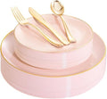 YOUBET 125PCS Pink Plastic Plates with Gold Rim for Party Wedding Birthday by YOUBET