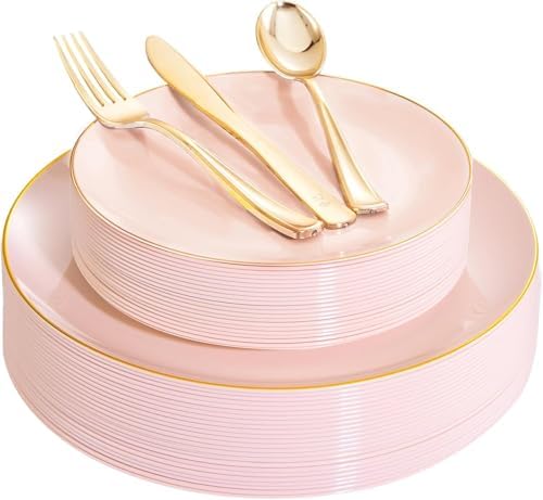 YOUBET 125PCS Pink Plastic Plates with Gold Rim for Party Wedding Birthday by YOUBET