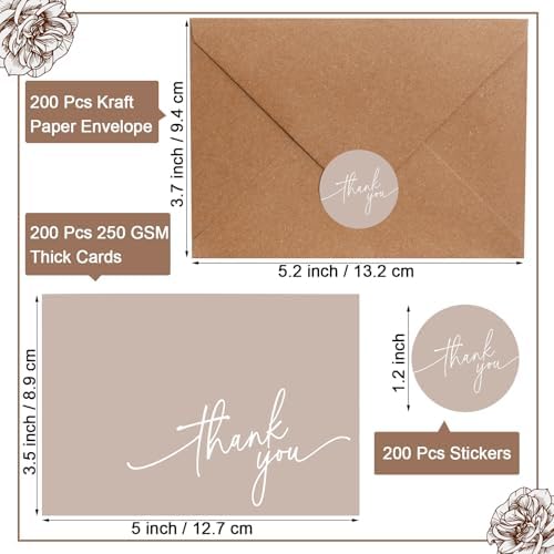 Gueevin 200 Pcs Thank You Cards with Envelopes Stickers, 3.5x5", Khaki - Image 2