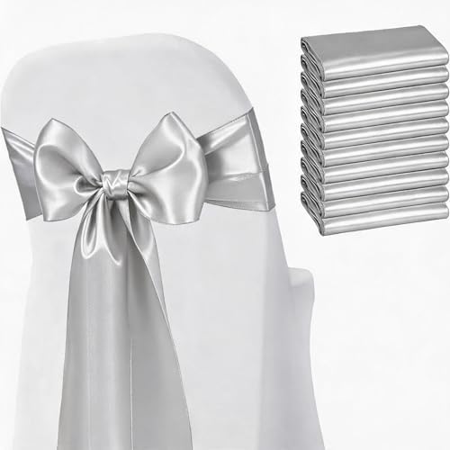 Satin Chair Sashes Bows 50 Pack Universal Polyester Chair Ribbons for Wedding Anniversary Retirement Party Birthday Engagement Banquet Graduation Outdoor Events Decor (Silver, 50 pcs) by JKDMJF