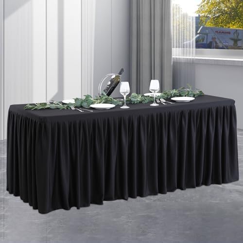 Black Polyester Table Clothes for 4 Foot Rectangle Tables, Wrinkle Free Fitted Table Cover 4ft Stretch Tablecloths with Skirt for Parties Weddings Birthday Banquet Baby Shower by PartyTalk