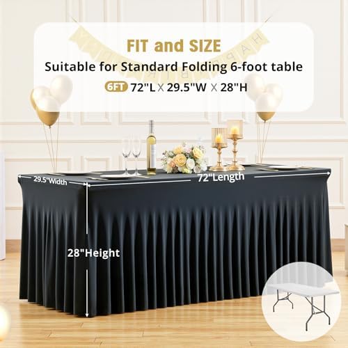 2 Pack 6ft Black Spandex Tablecloths for Rectangle Tables Wrinkle Free Black Rectangle Table Cloths Stretch Fitted Table Cover with Skirt for Wedding Birthday Party Banquet Baby Shower Buffet Event - Image 6