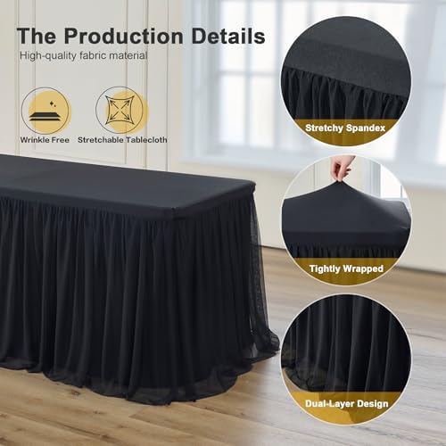 familus Black Table Cloths 6 Foot Rectangle 2 Pack Stretch Ruffle Tulle Tablecloth Spandex Fitted Table Cover for 6 Foot Tulle Table Skirts for Party Wedding Table Cloths, Banquets - Image 4