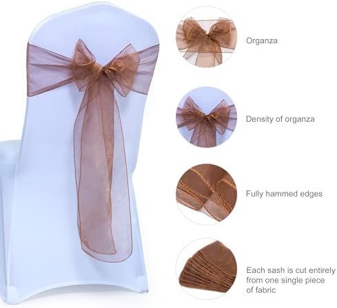 MDS Pack of 250 PCS Organza Chair Sashes Wider Dining Chair Bows Ribbon Tie Back for Wedding Party Birthday Bridal Shower Reception Event Banquet Home Chair Cover Decoration - Coffee - Image 6