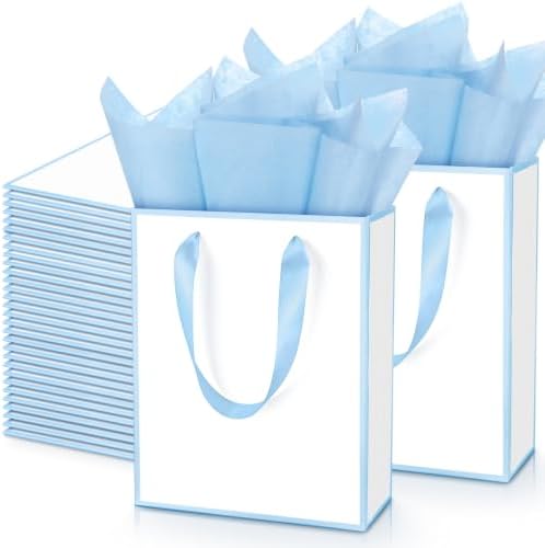 Yeaqee 50 Pcs Metallic Paepr Gift Bags Bulk with Handles,White, Blue by Yeaqee